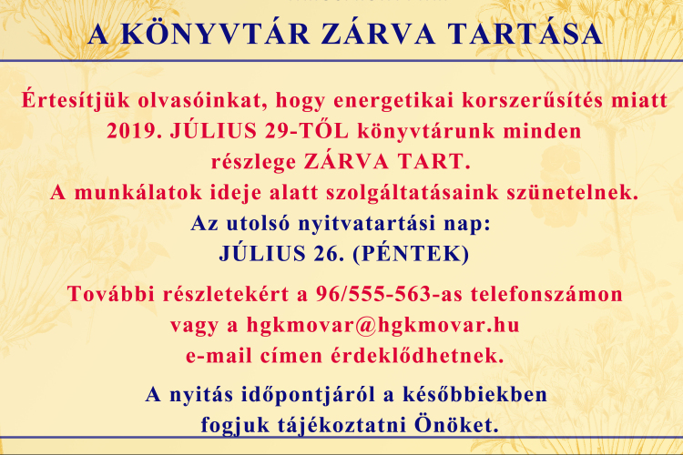 Energetikai korszerűsítés miatt zárva tart a Huszár Gál Városi Könyvtár 