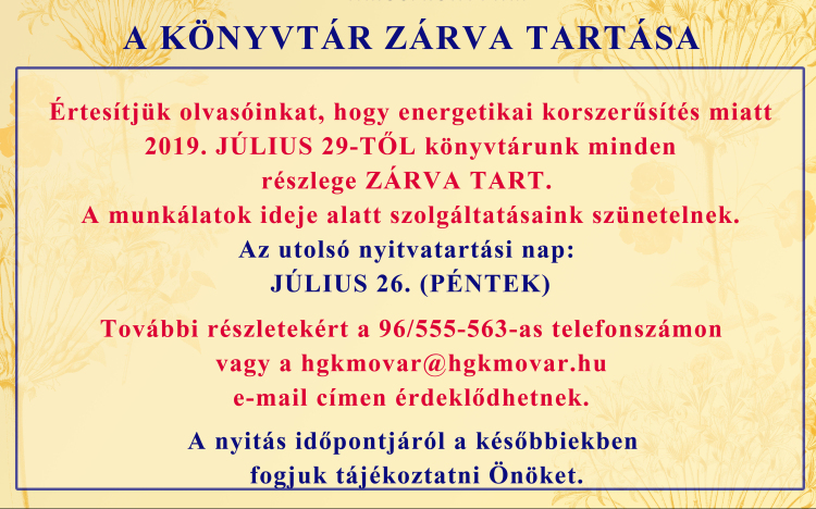 Energetikai korszerűsítés miatt zárva tart a Huszár Gál Városi Könyvtár 